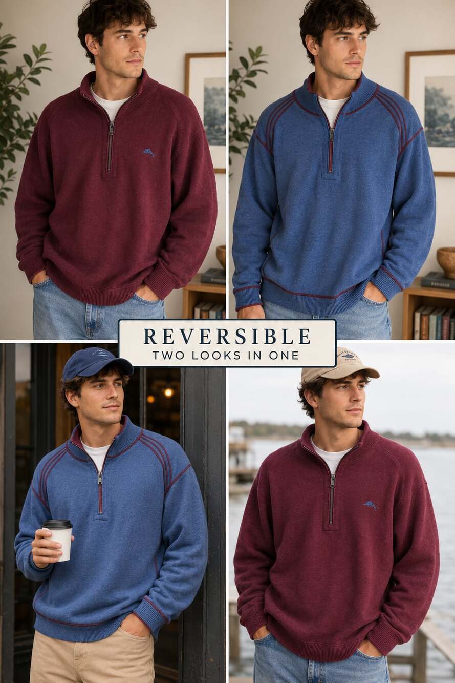 Vintage Tommy Bahama Reversible Quarter Zip Pullover Coastal Grandpa XL